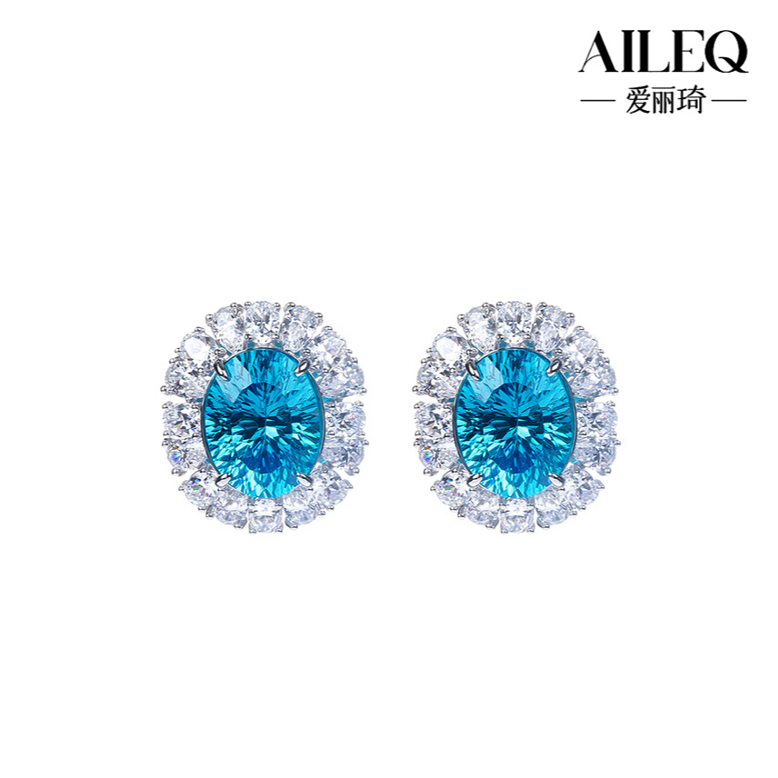 S925 Sterling Silver Ocean Sapphire Stud Earrings, Luxury Style with Moissanite Cluster, Fashionable Sterling Silver Earrings for Women, High-End Feel