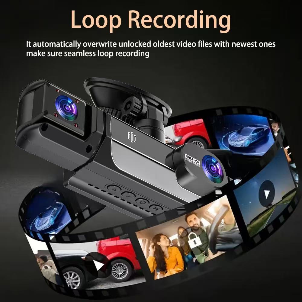Three-lens dashcam for ride-sharing services with WiFi connectivity, infrared night vision, wide-angle, and in-car synchronized recording