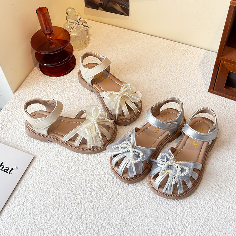 Princess Summer Style Beach Shoes for Girls Soft Soled Sandals with Pearl Bow Little Girl Footwear_voghion.com