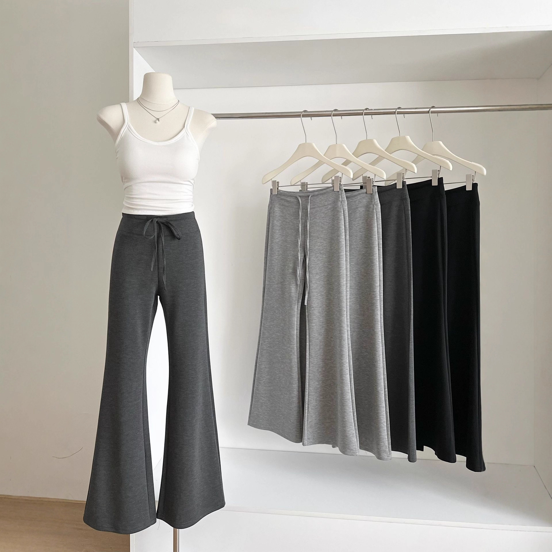Gray Drawstring Elastic Waist Casual Pants for Women, Autumn Lazy Drape Flared Pants, Versatile Slimming Floor-Length Trousers