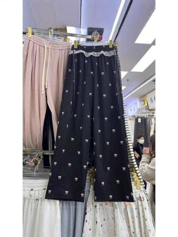 Douyin アメリカンハイウエストストレートパンツ、リボンレースステッチカジュアルレディースパンツ、ウエストゴム、ゆったりワイドパンツ|undefined