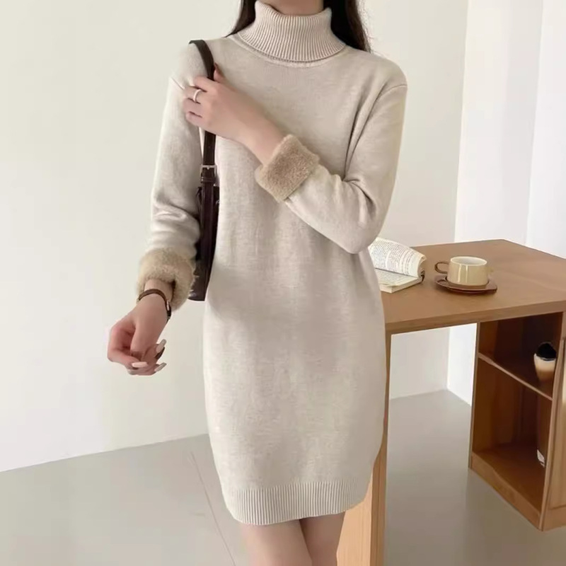 fleece-lined Thickened One-piece Velvet Warm Base Shirt for Autumn and Winter Knitted Sweater Women's Turtleneck Long Sleeve Mid-length dress fleece-lined Thickened One-piece Velvet Warm Base Shirt for Autumn and Winter Knitted Sweater Women's Turtleneck Long Sleeve Mid-length dress