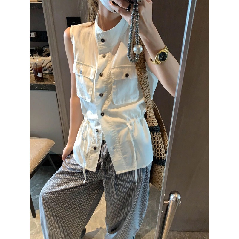 Mochie Old Money Design Tencel Linen Drawstring Waist Workwear Pocket Stand Collar Sleeveless Vest Mq1439 Mochie Old Money Design Tencel Linen Drawstring Waist Workwear Pocket Stand Collar Sleeveless Vest Mq1439