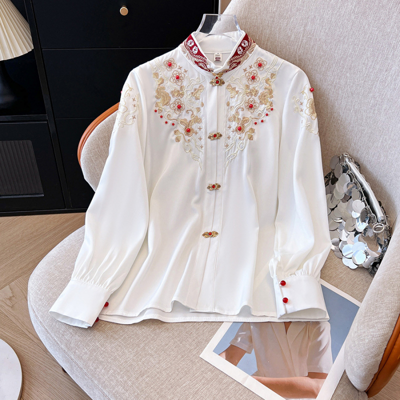 2026 New Chinese Style National Style Toasting Dress Heavy Embroidery Shirt with Beading Artistic Clasp Satin Long Sleeve Blouse 2026 New Chinese Style National Style Toasting Dress Heavy Embroidery Shirt with Beading Artistic Clasp Satin Long Sleeve Blouse