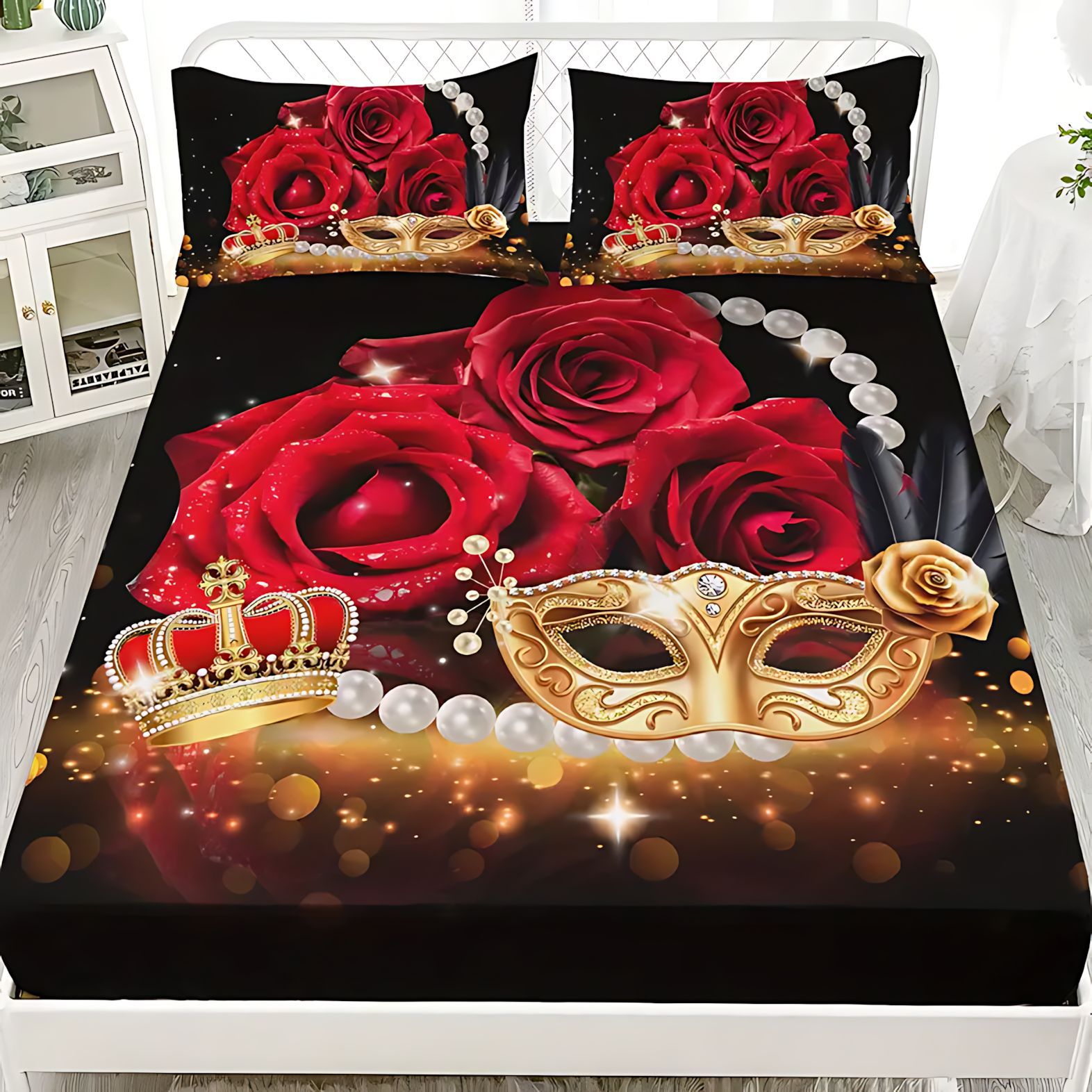 TEMU / JIT serie de rosa dorada negra impresión digital HD cama camisa colchón conjunto de dibujo se puede ajustar