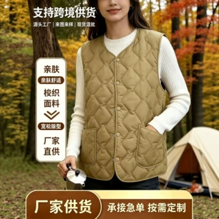 欧美跨境大码女装棉马甲 宽松 V 领绗缝无袖背心外套