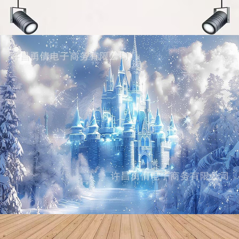 Cross-border New Snow Ice Castle Photography Background Cloth Birthday Party Decoration Props Banner Hanging Cloth