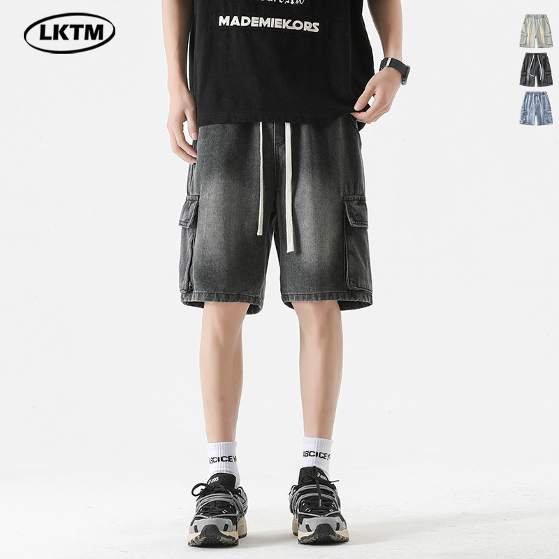 LKTM Men's# American Style High Street Multi-Pocket Tooling Denim Shorts Men's Ins Loose Straight Pants with Loose Waist