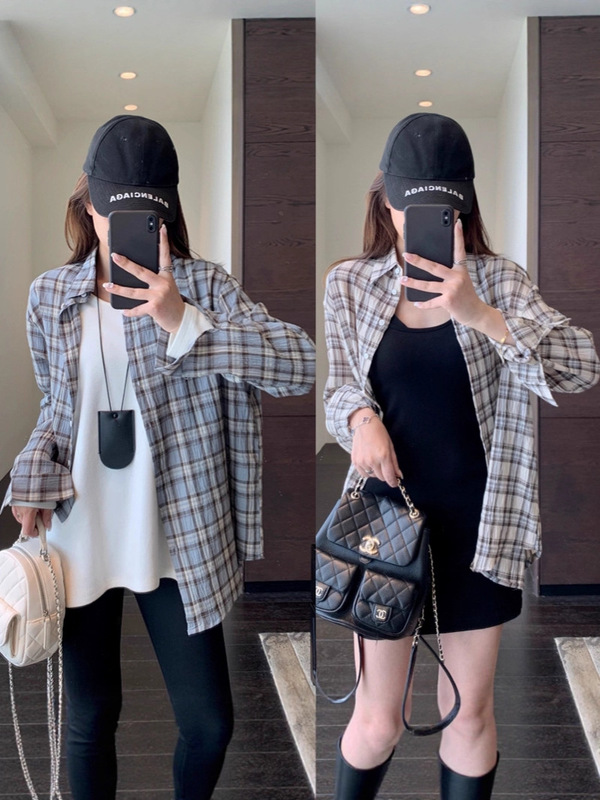 慵懒时髦oversize宽松藏肉显瘦格子衬衫薄款上衣女夏百搭休闲衬衣|undefined