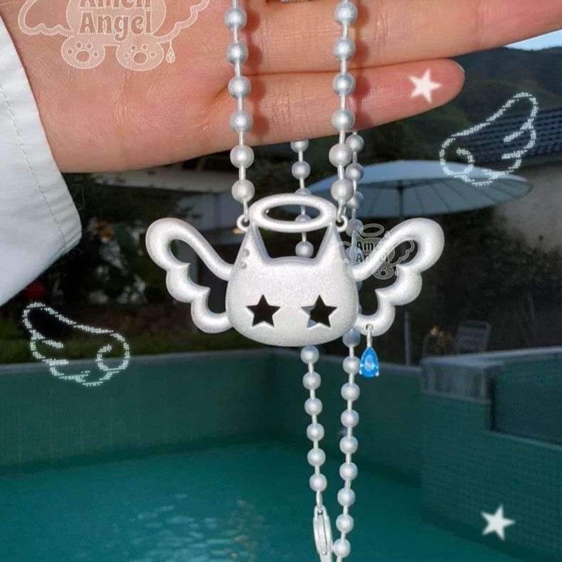 Angel Cat Mini* Necklace Original Design Niche Metal Y2K Light Dopamine Bead Chain Cute Hanging Chain Angel Cat Mini* Necklace Original Design Niche Metal Y2K Light Dopamine Bead Chain Cute Hanging Chain