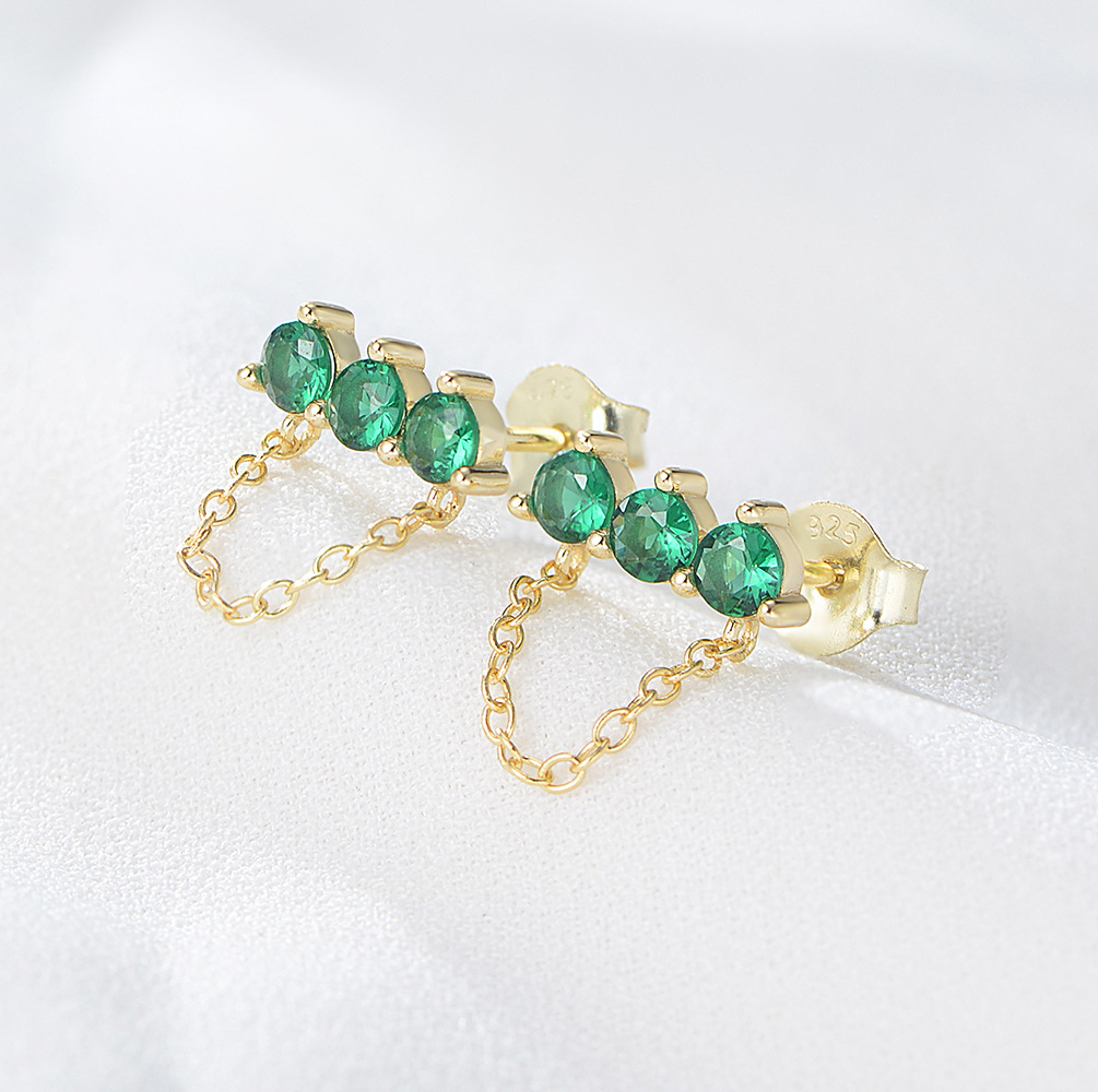 S925 plata esterlina abuela verde Zircon Stud pendientes europeos y americanos simple cadena personalizada borla pendientes de moda