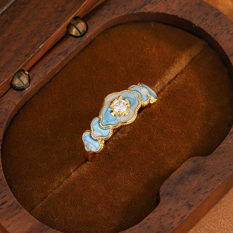 Chinese Style Enamel Zircon Cloud Open Ring Elegant Designer Ring_voghion.com