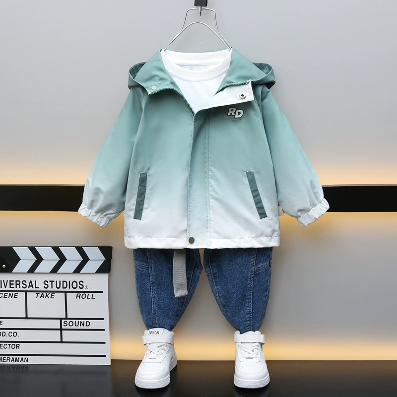 소년 코트 봄과 가을 2024 새로운 잘 생긴 소년 후드 옷 어린이 가을 더블 후드 트렌디 코트