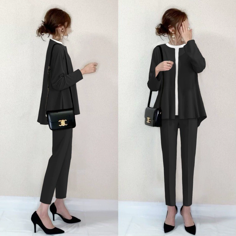 Южная Корея chic2023 Весна и осень Новый кардиган с круглым вырезом Зимняя юбка с длинными рукавами и оборками Топ + брюки костюм