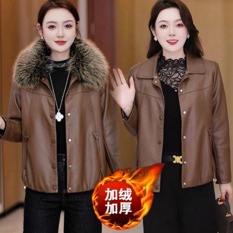 Áo khoác da PU dáng ngắn có lông cổ tháo rời, lót lông giữ ấm, form rộng — màu cà phê, màu đỏ, đen chi tiết 3