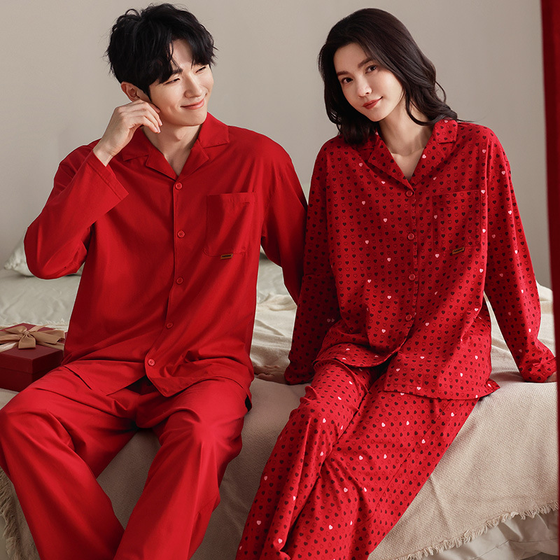 (2개) 커플 잠옷 봄과 가을 단면면 긴팔 남자와 여자의 새 결혼식 붉은 출생 년 가을 겨울 홈 의류 세트