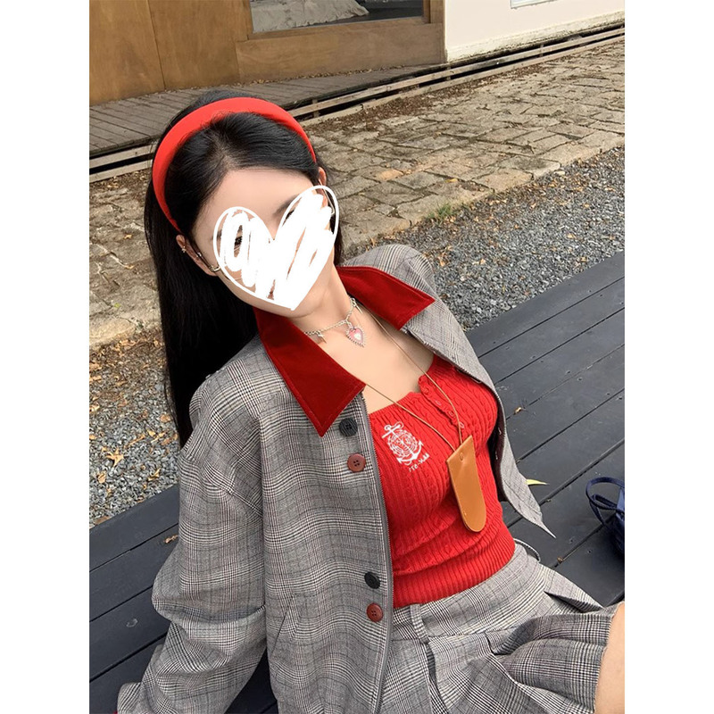 美式小众复古学院风宽松格纹短款长袖外套女2025新款短裙两件套装|undefined