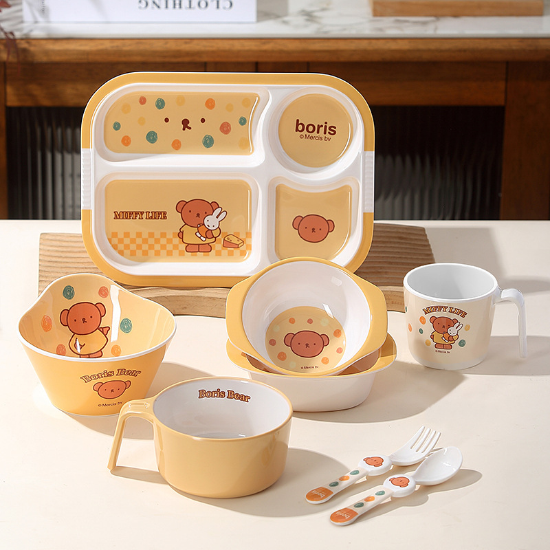 Miffy Miffy 분할 어린이 저녁 식사 접시, 보조 식품 그릇, 포크 및 스푼 식기, 만화 멜라민 화상 방지 아기 홈 저녁 식사 접시