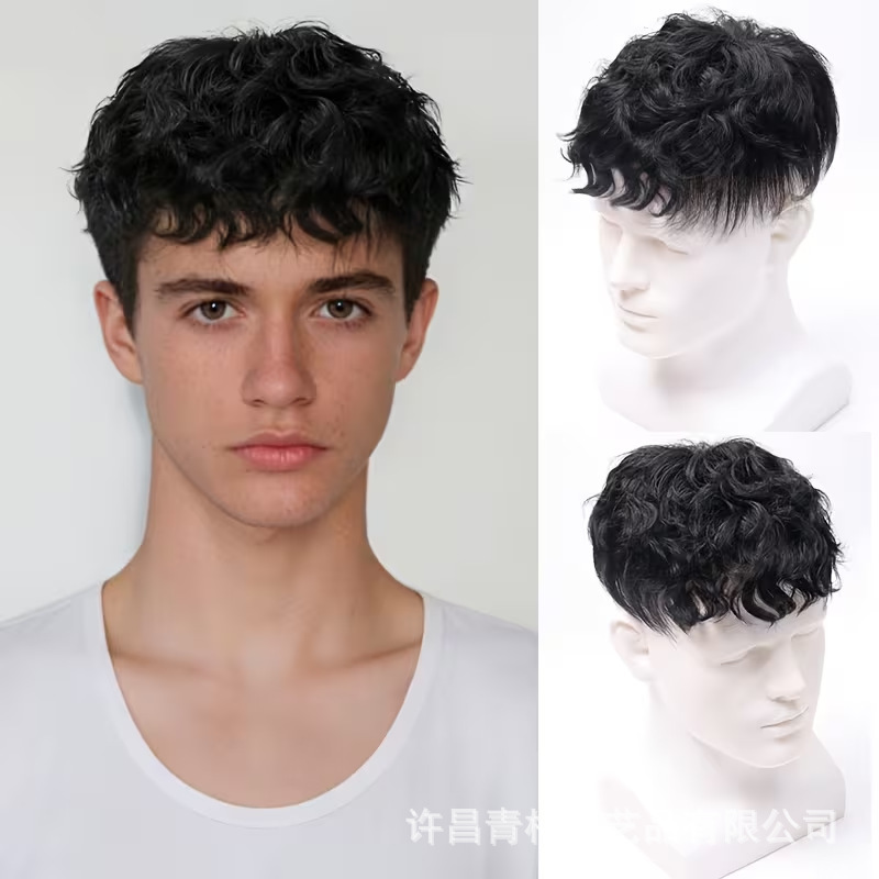 Human Hair Real Leslie Curly Hairpiece Wig for Men High-End Breathable Wig Cross-Border Wholesale