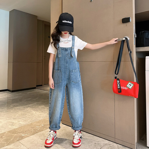 Korean style children's clothing girls' overalls children's clothing 2024 spring and summer new style medium and large children's trendy label denim overalls
