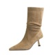 2738-3 Meidra mid length boots, elastic boots, pleated pile boots, versatile pointed, slim high heels, short boots, slim boots for women
