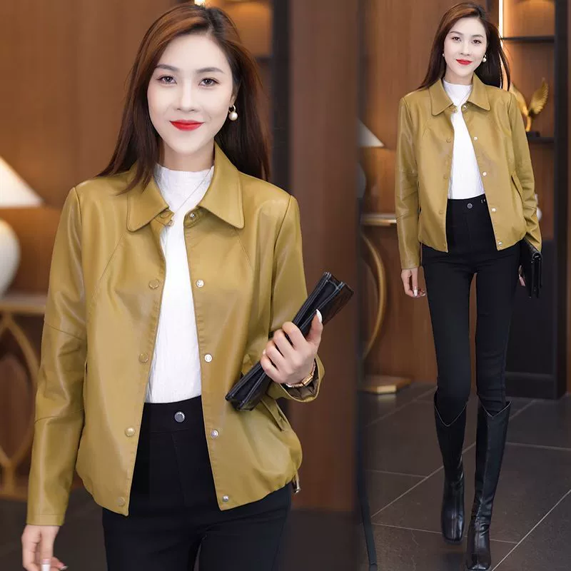 Кожаная куртка Haining женская осень/весна, молочно-кофейный и черный, Slim fit, размеры L-4XL, 407