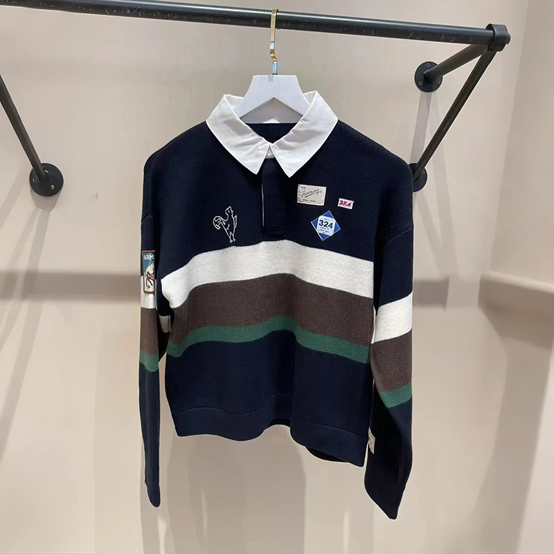 French Niche 2025 Autumn and Winter Knitted Color-Blocked Horizontal Stripesd Rooster Embroidered Rugby Polo Collar Sweater 25779