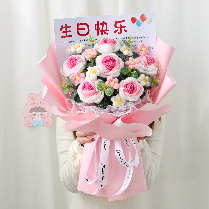 网红风渐变针织玫瑰花创意向日葵泡芙花成品送女友生日礼物香皂花