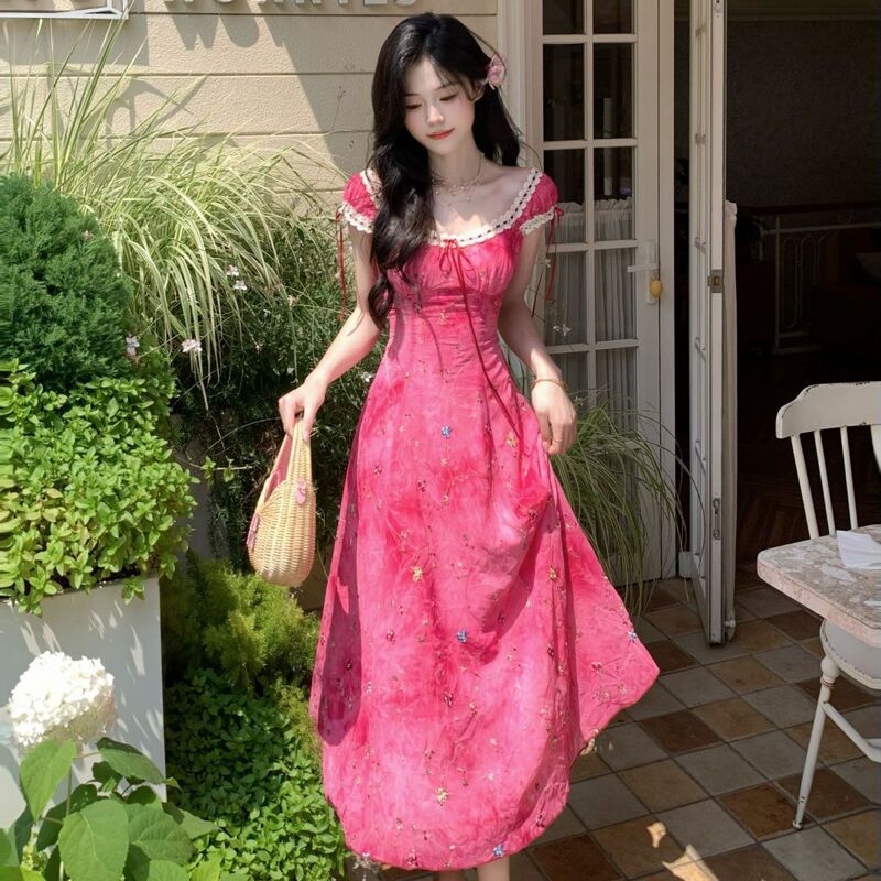 Plus Size Women's Tie-Dye Embroidered Floral Dress, Summer French Style Sweet and Elegant Waist-Cinching Strap Dress, Long Dress