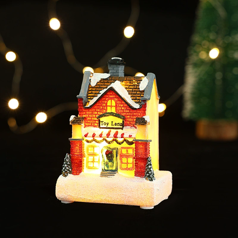 Miniature resin house decorations, micro landscape LED models, battery‑powered, assorted sizes 7–10 cm