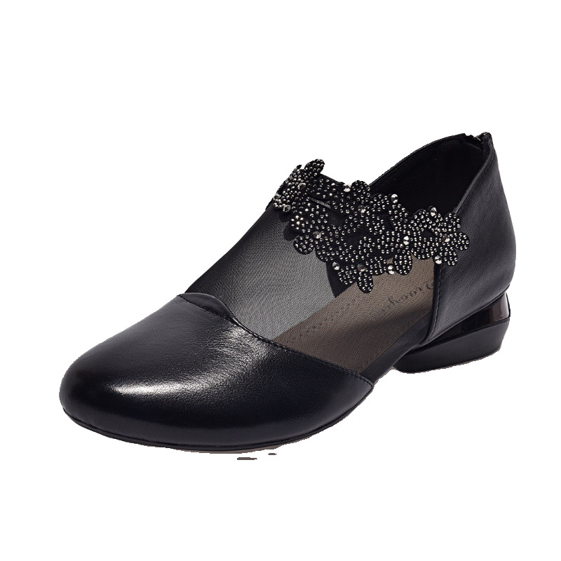 Sandal da bò thật mũi tròn đế bệt lưới thoáng khí cho nữ — Màu đen
