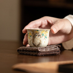 花口汝窯茶杯主人杯創意萌え猫萌兎家庭用開片可養客陶磁器単杯品茗杯