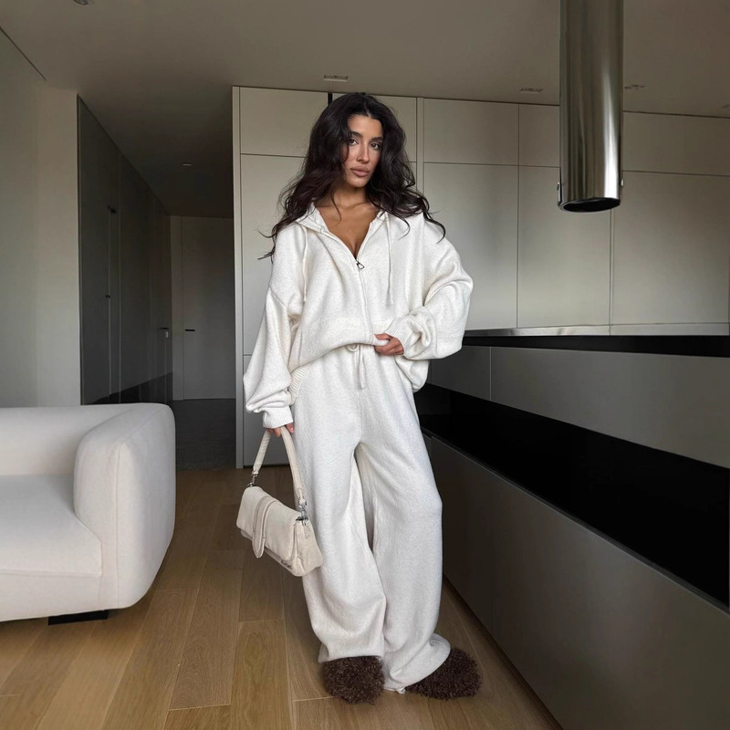 European and American Pure Color Design Zipper Hooded Fashion Suit for Women 2025 Spring & Fall New Casual Sweater Pants Suit European and American Pure Color Design Zipper Hooded Fashion Suit for Women 2025 Spring & Fall New Casual Sweater Pants Suit