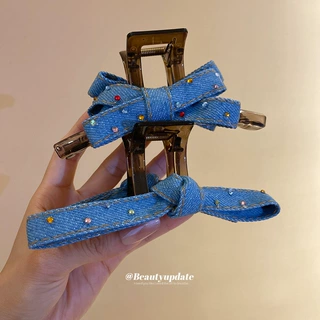 镶钻亚克力布艺牛仔交叉一字发抓小众设计感鲨鱼夹后脑勺盘发发饰