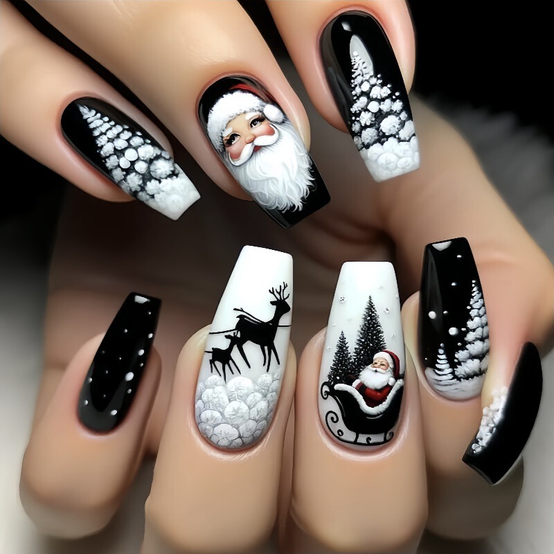 Christmas Nail Art Patch Black Santa Claus Snowflake Elk Christmas Holiday Gift Fake Nails