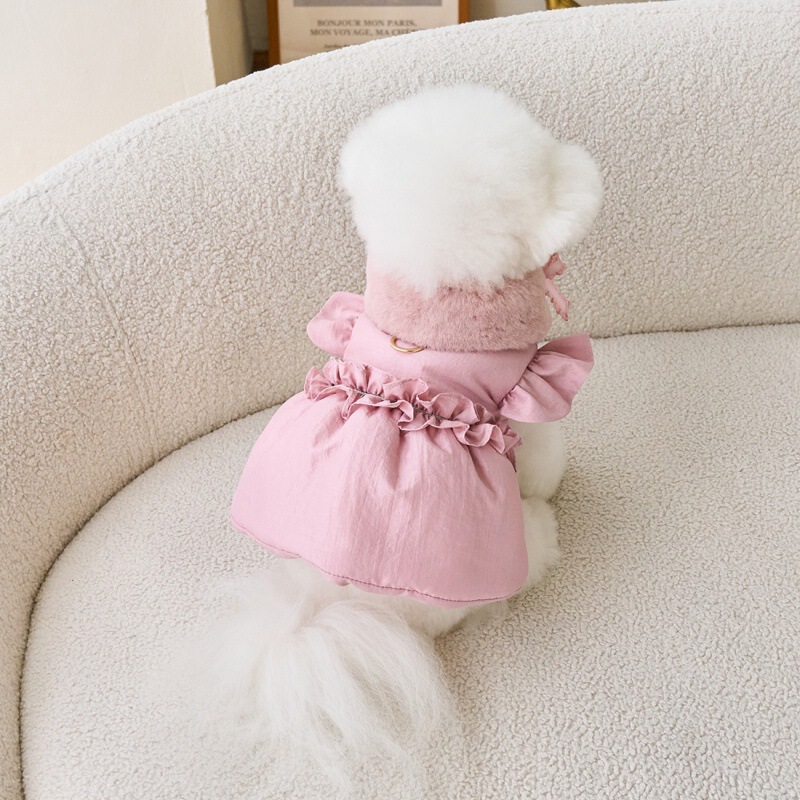 猫咪小型狗狗衣服宠物秋冬公主蝴蝶结裙子棉衣装牵引保暖+围脖|undefined