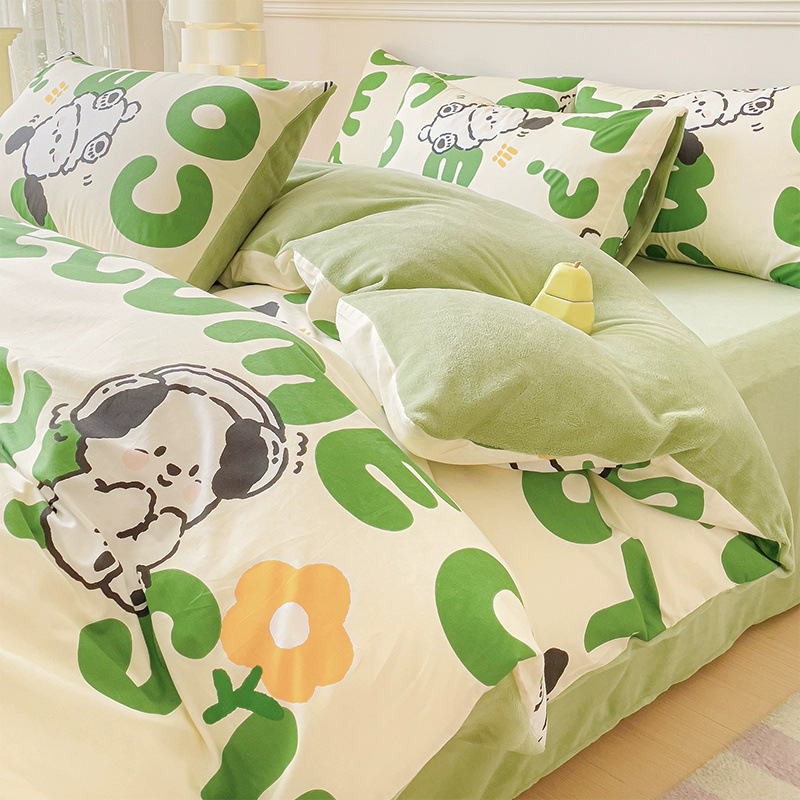 Juego de cuatro piezas de terciopelo de leche de algodón puro 2023 nuevo otoño e invierno más funda de edredón de sábana de terciopelo de coral juego de tres piezas