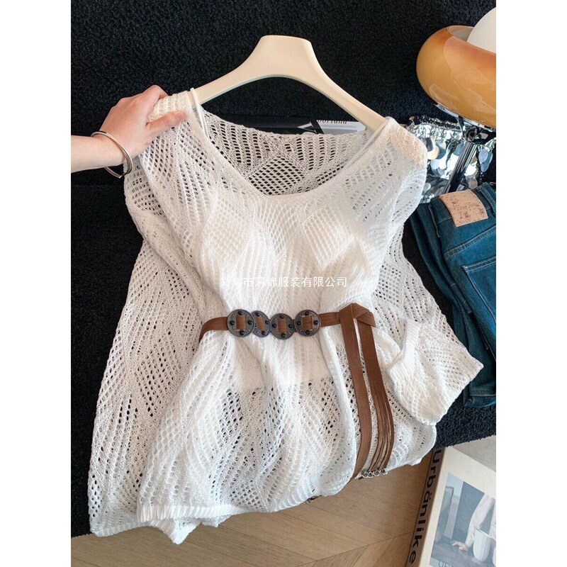 Lazy Style Hollow-Out Knit Sweater for Women, New Spring/Summer V-Neck Mesh Pullover Sun Protection Cover-Up Two-Piece Set, Thin Top