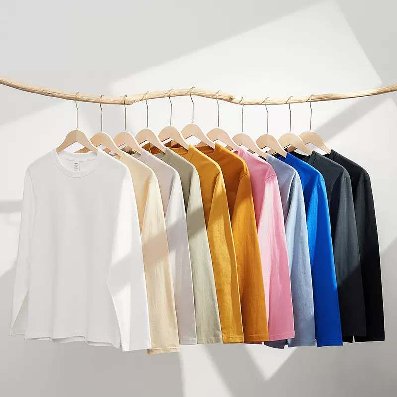 230克秋季新疆精梳全棉重磅圆领纯色长袖男T恤宽松打底衫大牌工厂