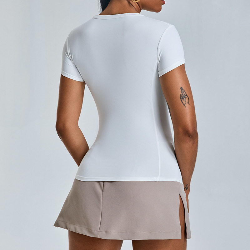 Tronco nueva ropa de yoga delgada de manga corta para mujer corriendo ajustada camiseta deportiva larga de secado rápido top de fitness de cintura