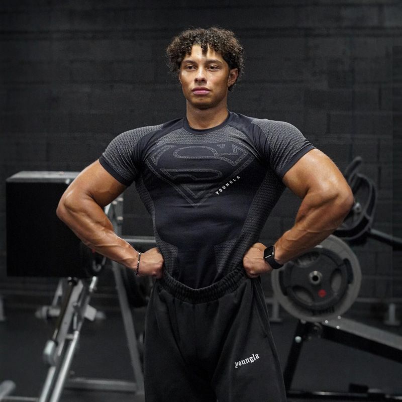 Youngla New American Muscle Fitness Men's Sports Short-Sleeved Casual Running Quick-Drying Breathable Bodysuit T-Shirt