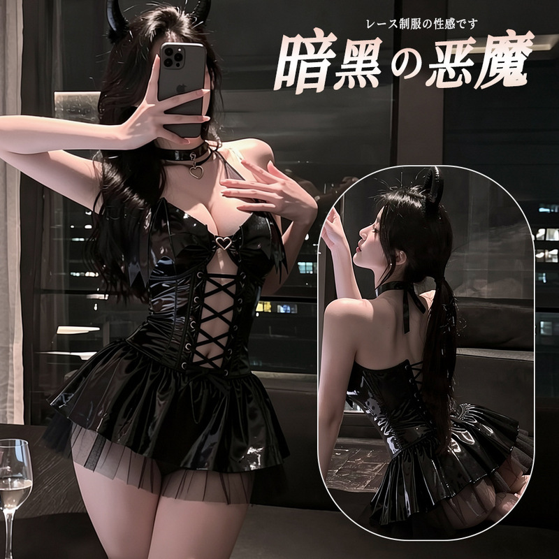 New sexy lingerie set featuring a shiny PU halter top with bat-wing straps, a see-through mini skirt, and a seductive uniform design that allows for easy access