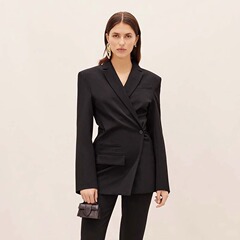 Th ~ row黒の大衆スーツ春秋ウールダブルボタン斜め襟ショルダー女性カジュアルスーツ女性