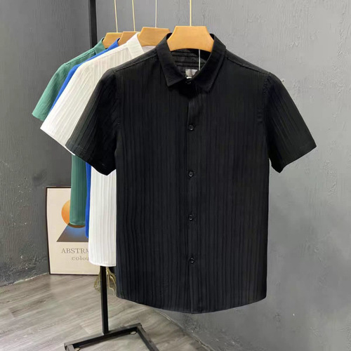 Men's Summer Striped Plain Shirt, Short Sleeve Casual Iron-Free Shirt, Lightweight and Mature Style, Collar, Korean Version, Fashionable and Trendy New