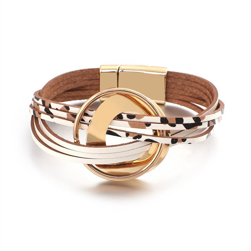 Cross-Border Bohemian Cross Leather Bracelet with Metal Double Ring Wrap Bracelet, Multi-Layer Wristband with Magnetic Clasp