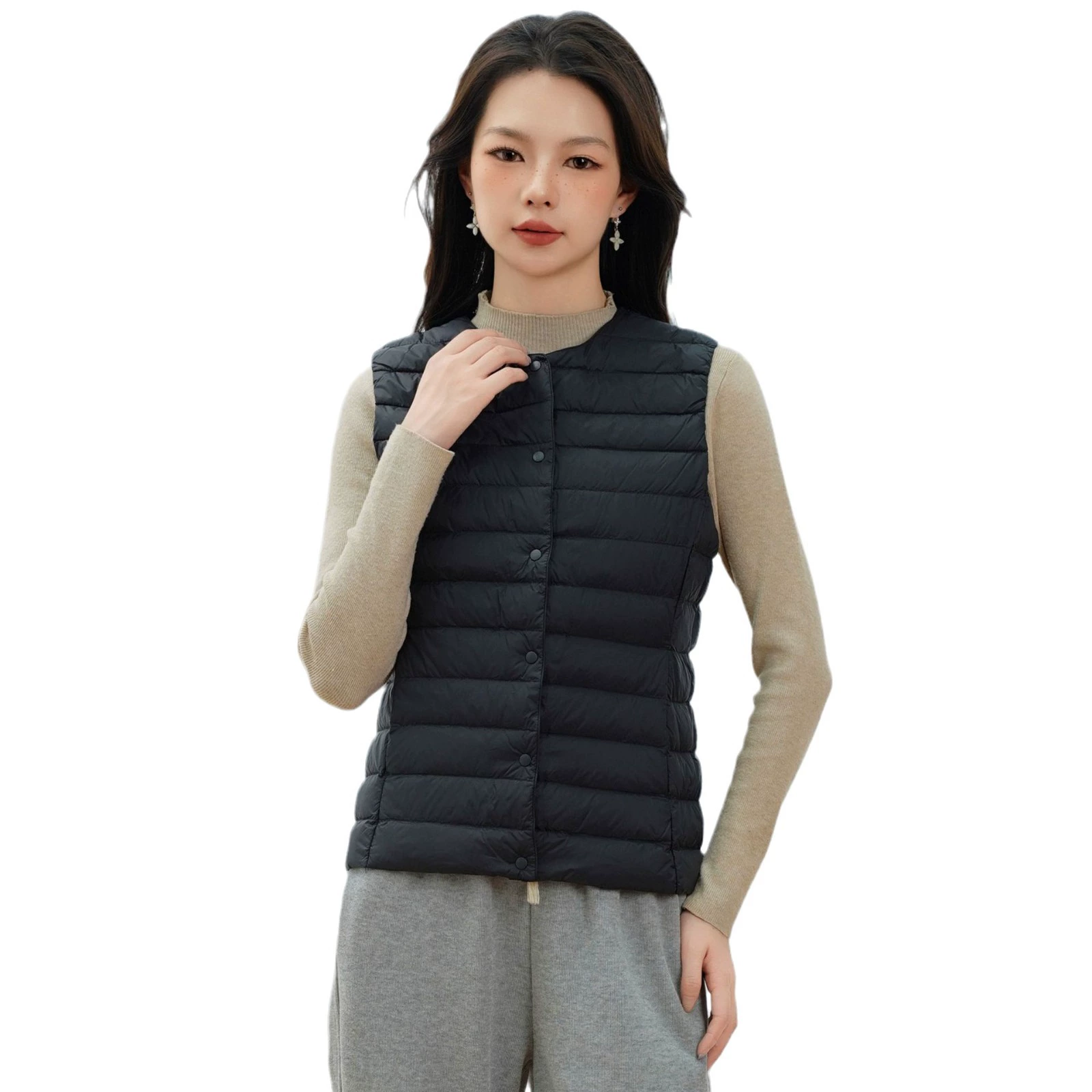 Velvet down jacket with a round collar, vest with down, city style, V-neckline