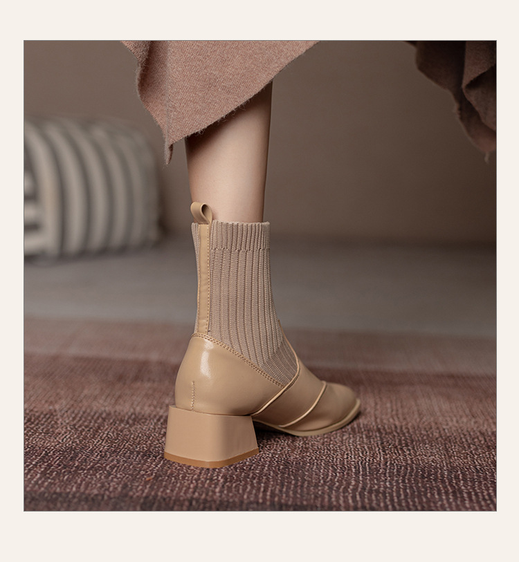 Women's Ankle Boots French Retro Square Toe Thick Heel Mid Calf_voghion.com