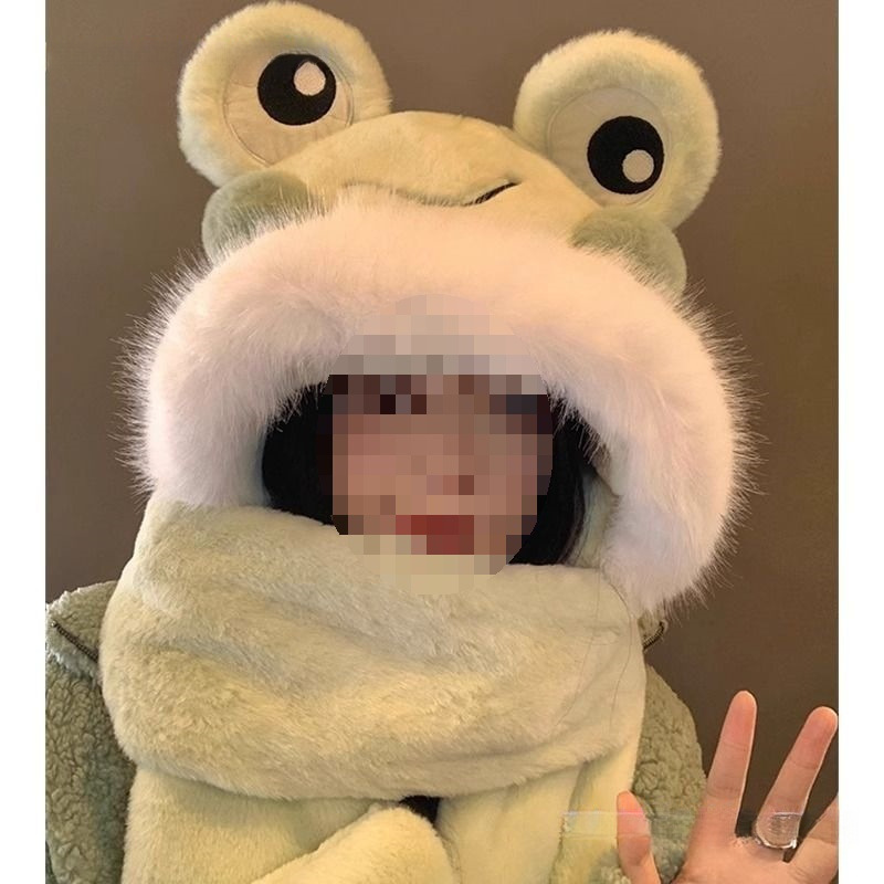 可爱青蛙帽子围巾一体女冬季骑车防寒加厚保暖
