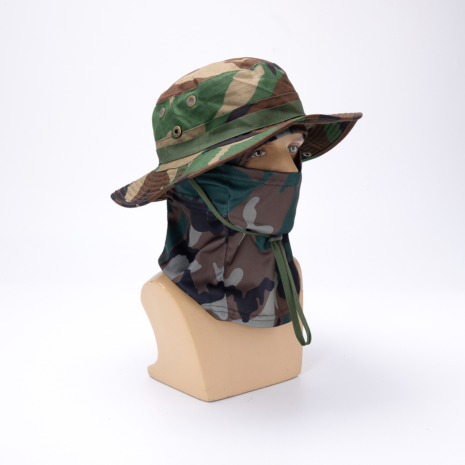 Sombrero de borde redondo de camuflaje transfronterizo Sombra de sol al aire libre Tácticas Funda de sombrero Benny Tapa de ley Balafak Máscara de pesca