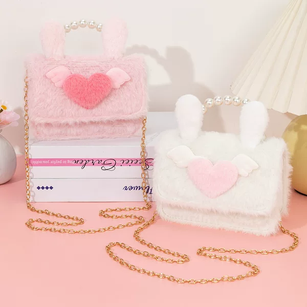 Girls' Children's Bag with Heart-Shaped Ears, Plush Comfortable Crossbody Bag, Bowknot, Precious Metal Chain, Beaded Handbag